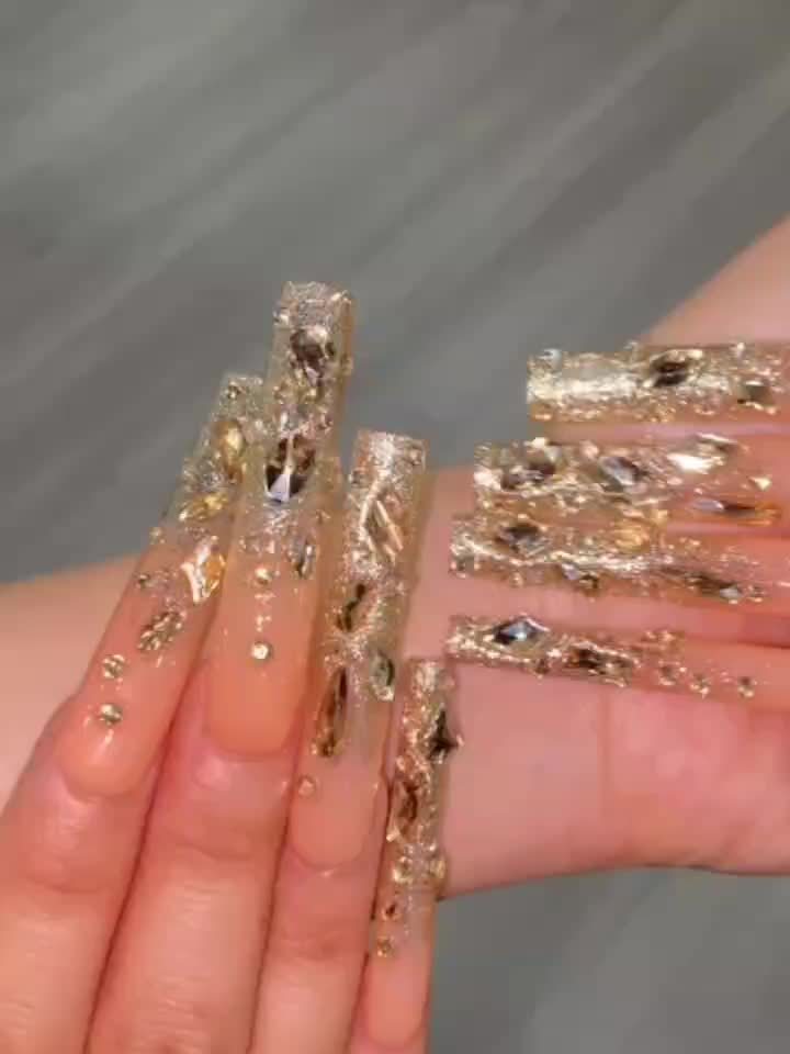 Luxury 10pcs Set Handmade Champagne Golden Full-Coverage Rhinestone Extra-Long Press-On Nails | Party & Salon Accessories | Festive Gift for Women | Golden Glam Art Nails with Ultra-Sparkling Hand-Set Crystals